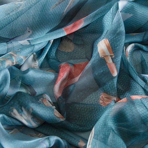 Шифон шелковый 068-12191 серо-голубой принтованный