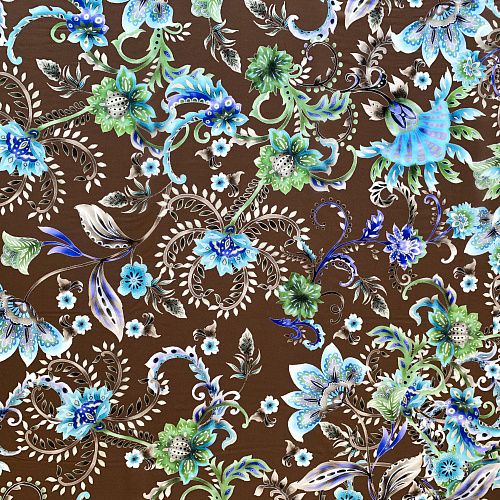 Креп-шифон натуральный К32-229 шоколадно-бирюзовый принтованный