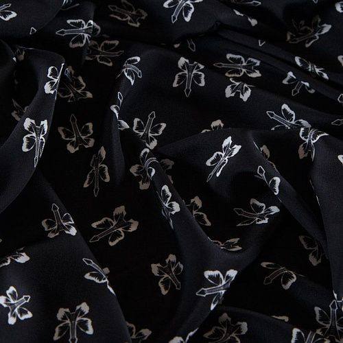Крепдешин шелковый 028-12507 черный принтованный