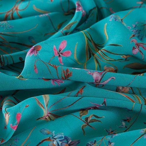 Креп-шифон шелковый 027-19150 бирюзовый принтованный