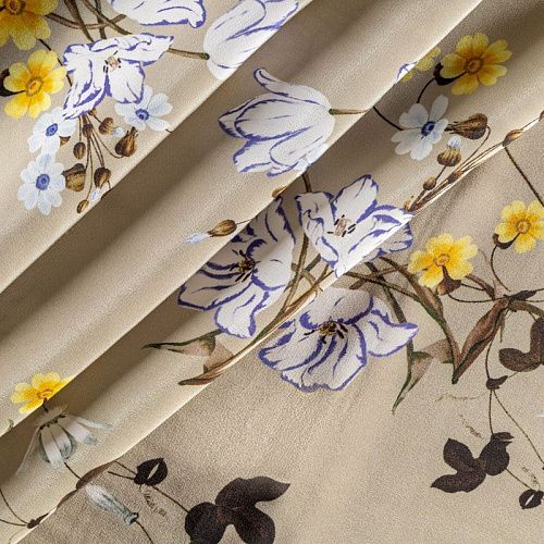 Крепдешин натуральный К24-037 оливковый принтованный